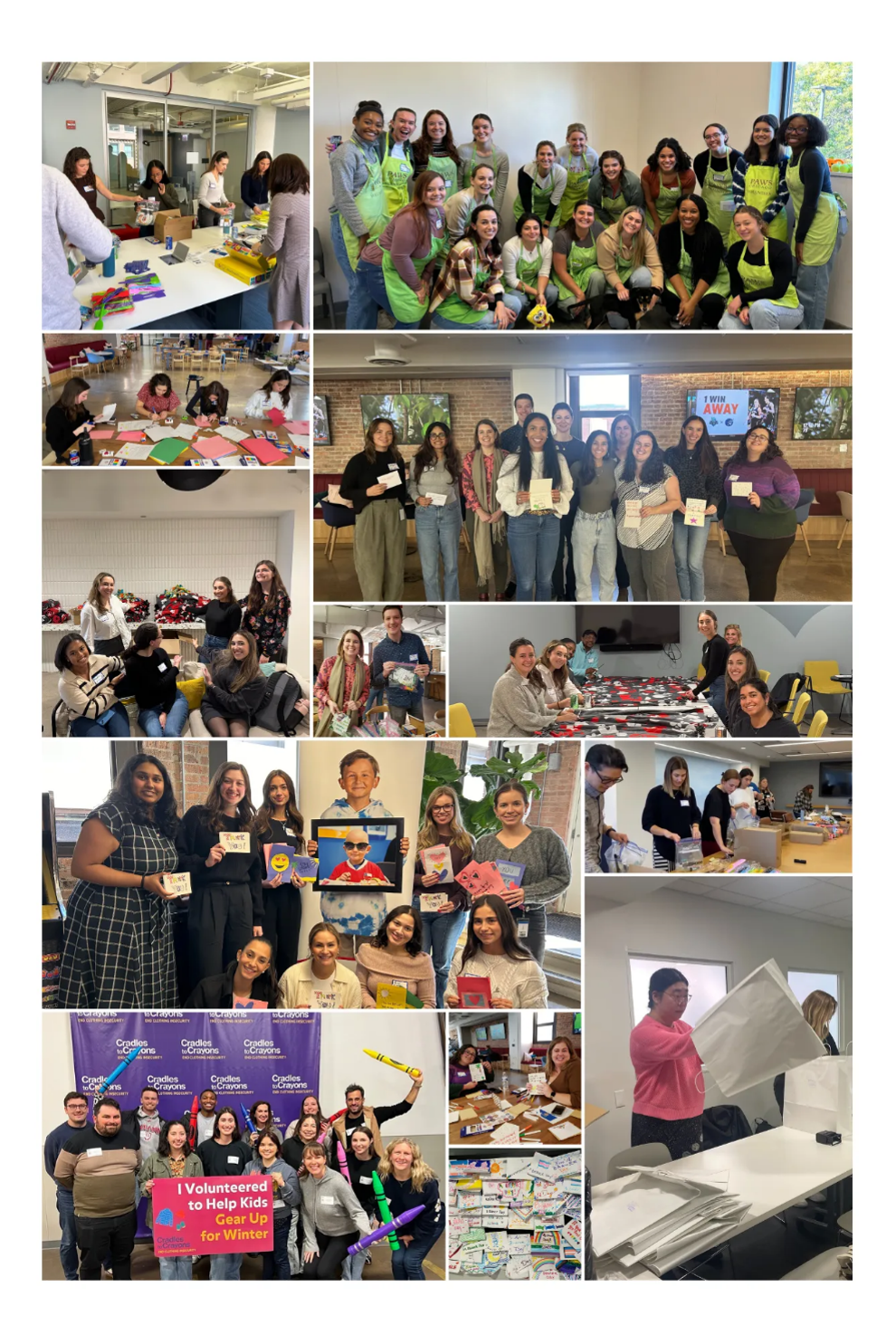 Collage of volunteers in offices and community spaces making care packages, writing cards, sorting supplies, and posing together smiling.
